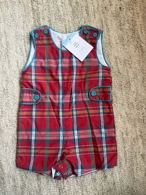 bella bliss boys Red Plaid Shortall with Teal Trim